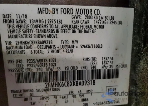 2019 Ford Flex Sel из США, поврежденный, VIN 2FMHK6C8XKBA09318